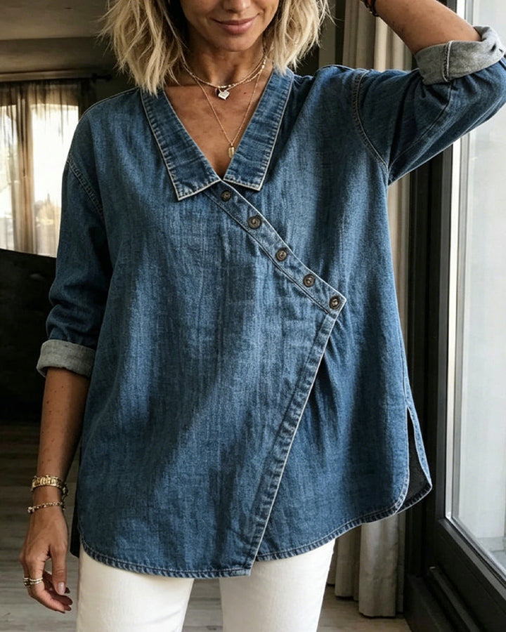 Elodie Bennett and Lowe women's diagonal-button collared blouse in lightweight fabric, featuring a stylish button-up design.