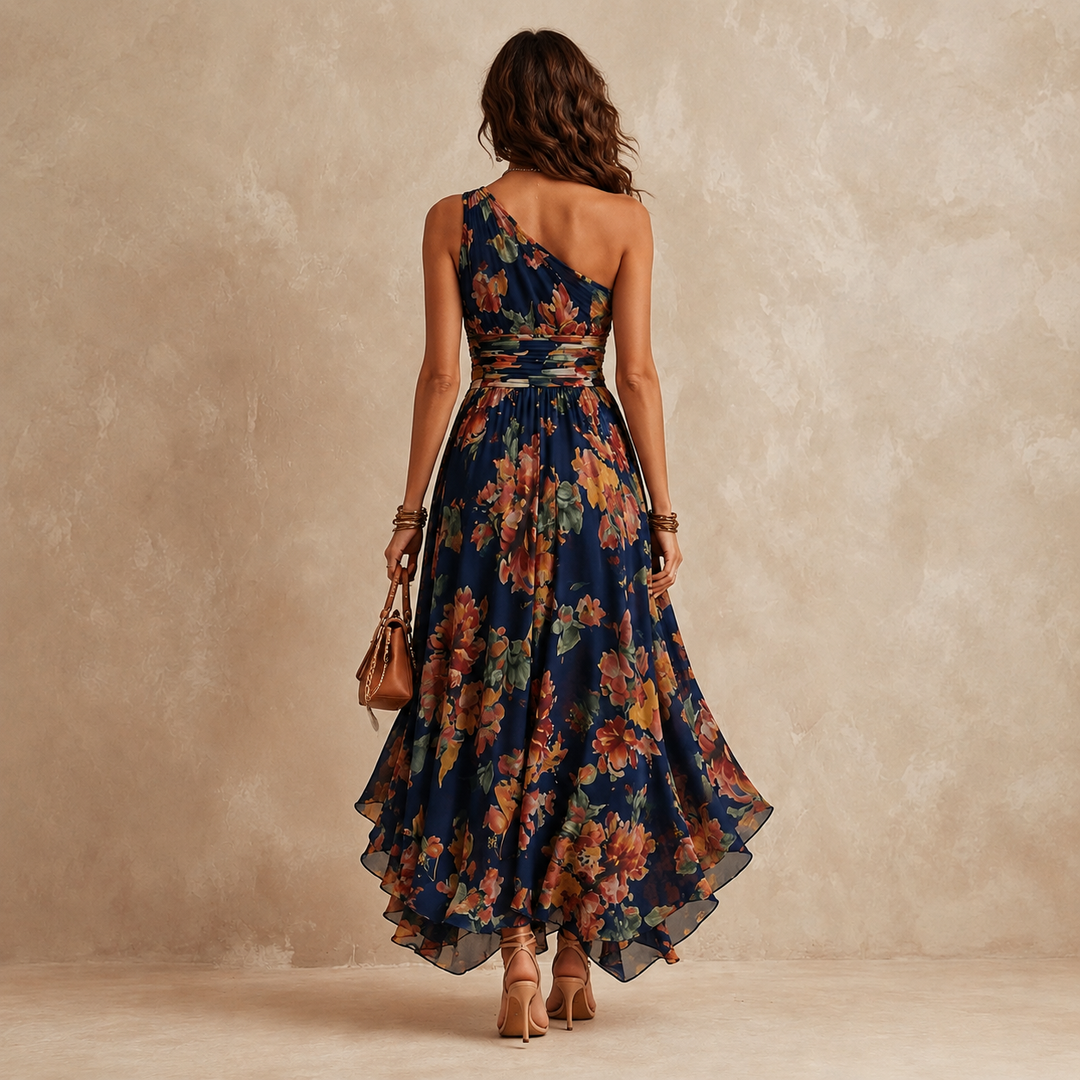 Celeste Bennett and Lowe one-shoulder floral maxi dress with vibrant flower pattern and flowing fabric on a model.