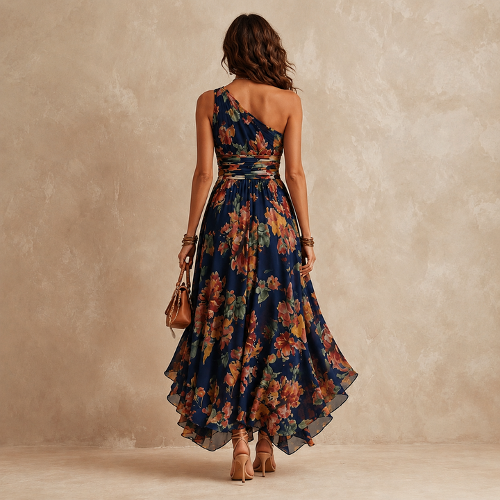 Celeste Bennett and Lowe one-shoulder floral maxi dress with vibrant flower pattern and flowing fabric on a model.