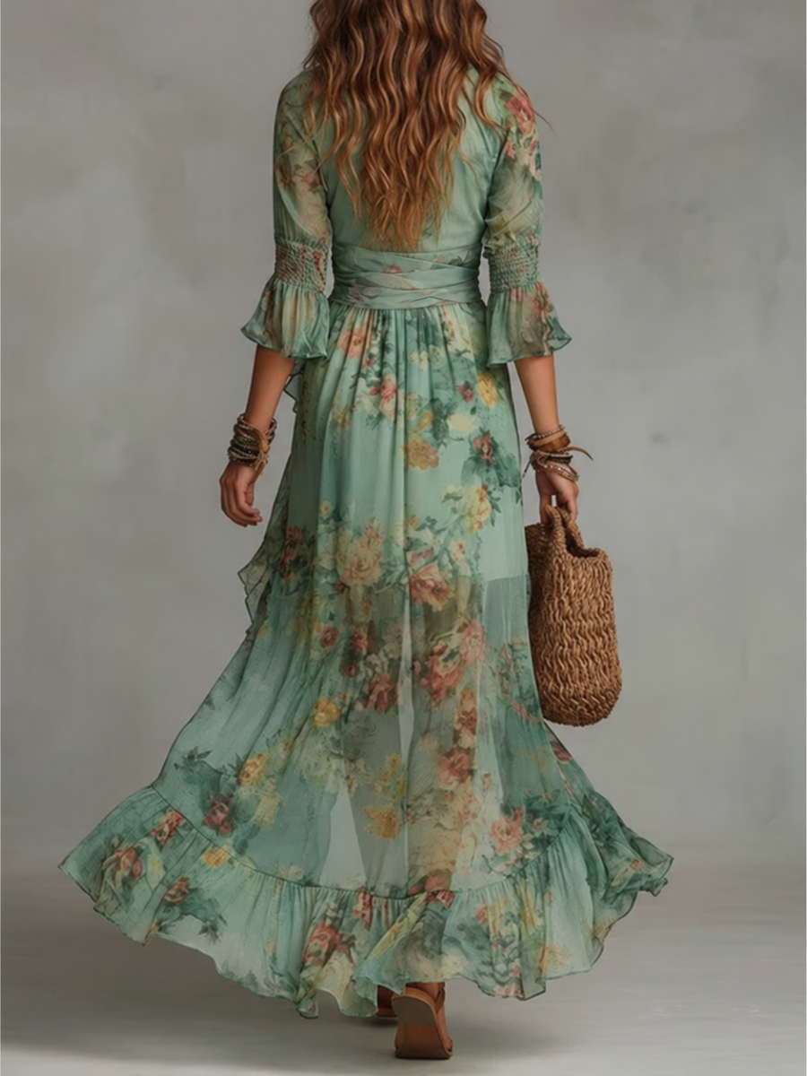 Floral ruffle wrap dress by Bennett and Lowe with vibrant flower patterns and elegant ruffle details, displayed on a mannequin.