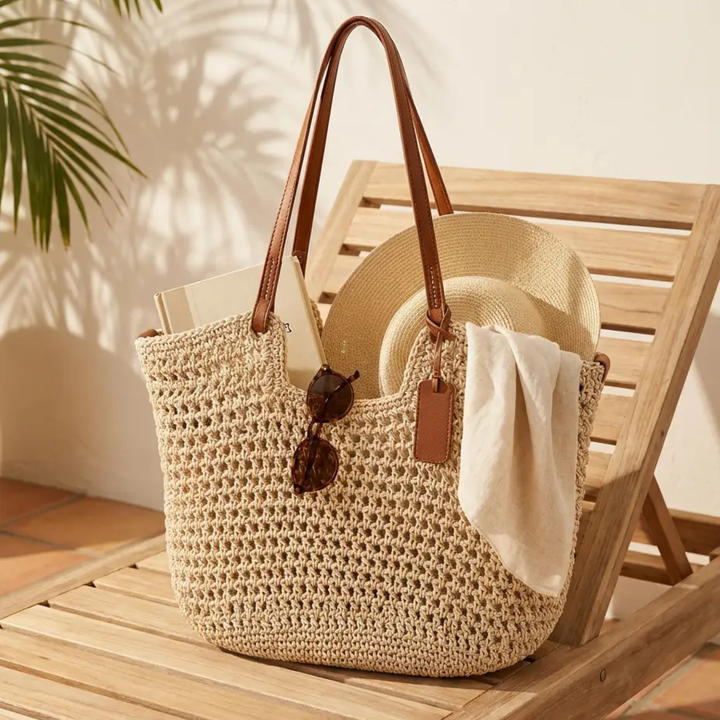 Handwoven crochet tote bag for women by Bennett and Lowe, featuring a natural, stylish design and sturdy handles.