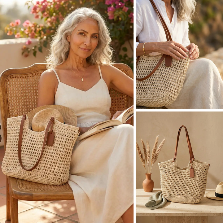 Handwoven crochet tote bag for women in beige from Bennett and Lowe, featuring sturdy handles and stylish craftsmanship