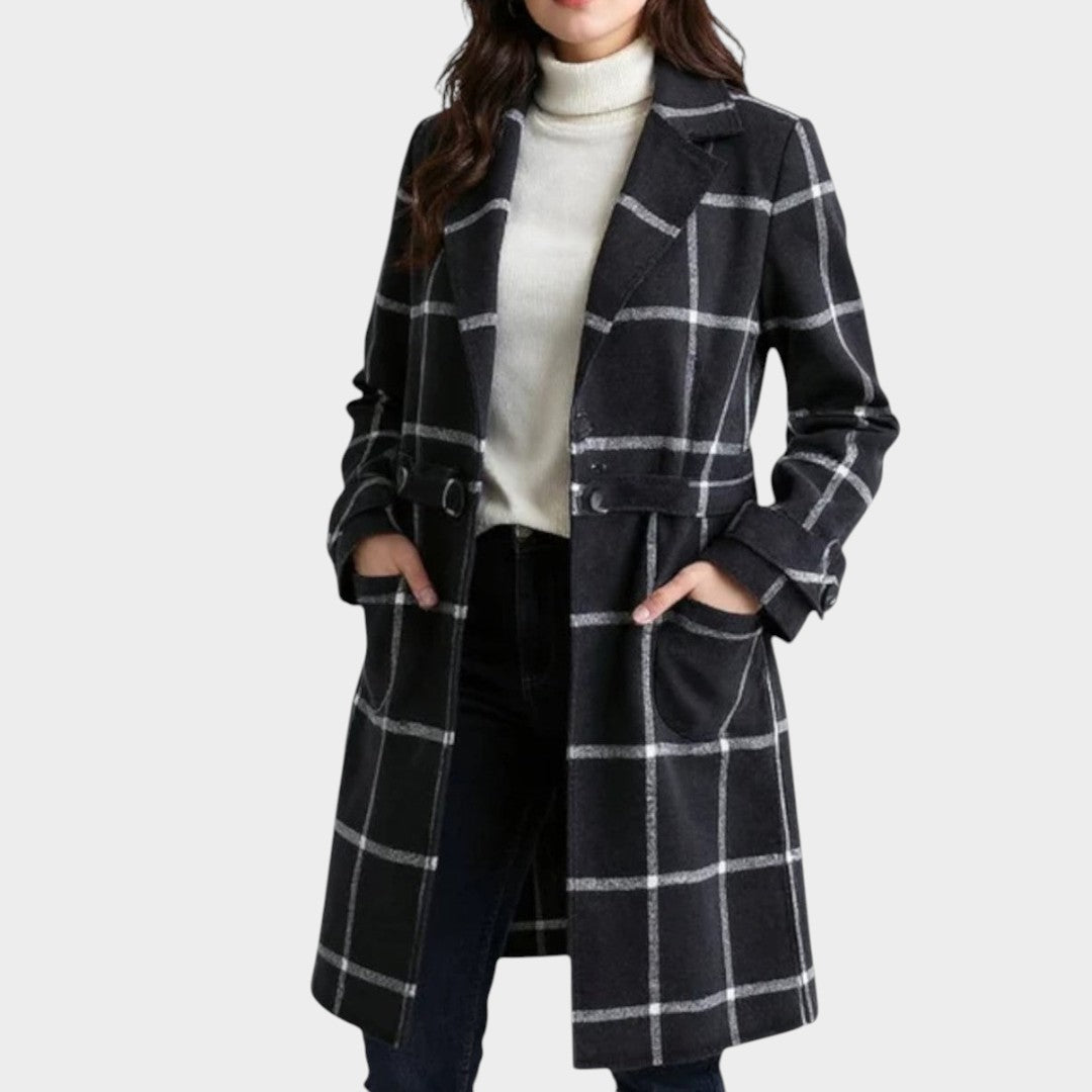 Adriana™ Classic Check Autumn Coat by Bennett and Lowe, featuring a stylish plaid pattern and tailored fit for fall.