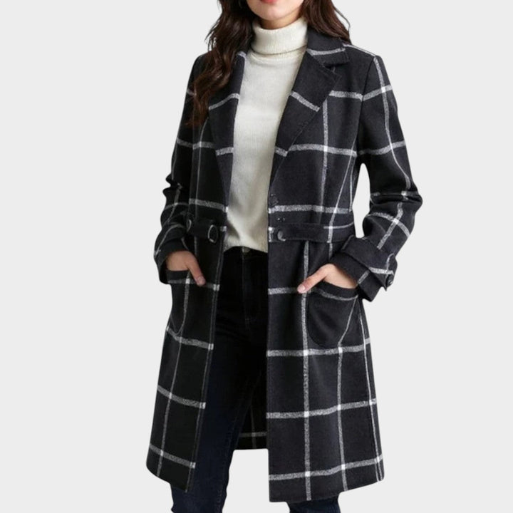 Adriana™ Classic Check Autumn Coat by Bennett and Lowe, featuring a stylish plaid pattern and tailored fit for fall.
