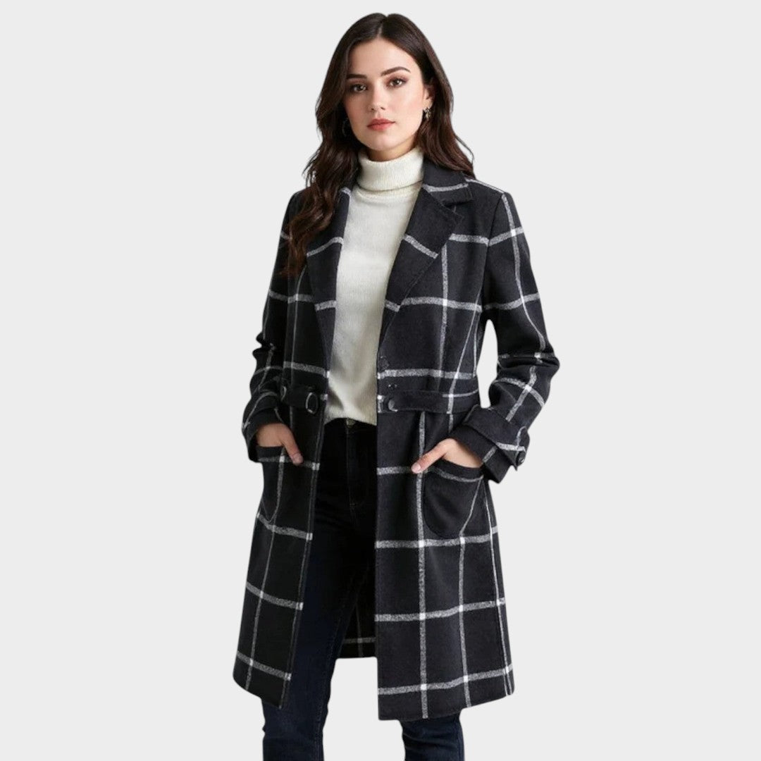 Adriana™ Classic Check Autumn Coat by Bennett and Lowe, front view with autumn-inspired plaid pattern and tailored fit.