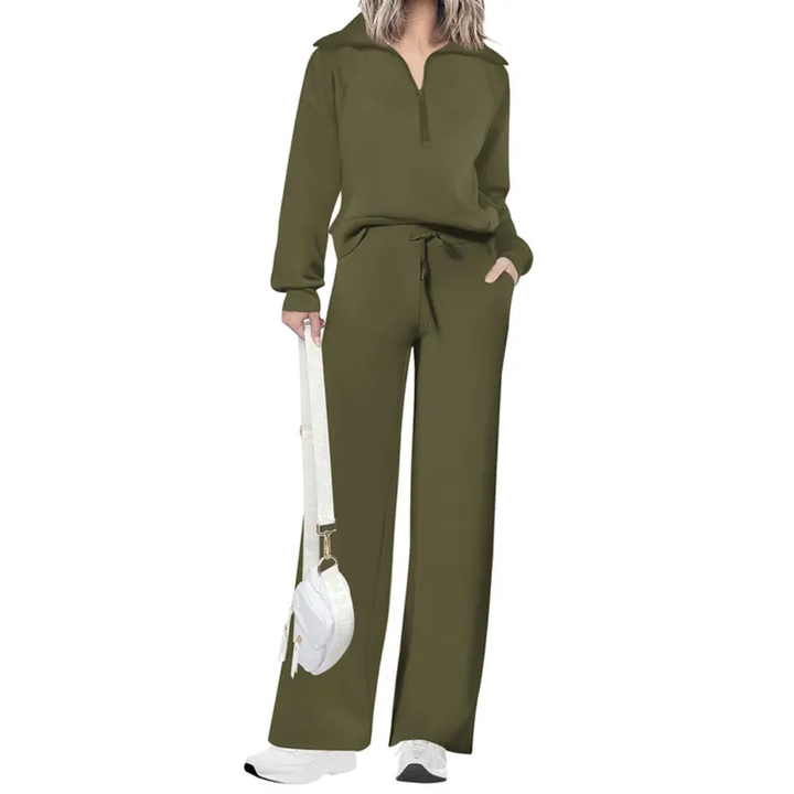 Army green Maya two-piece set by Bennett and Lowe featuring a half-zip pullover and wide-leg pants for women.