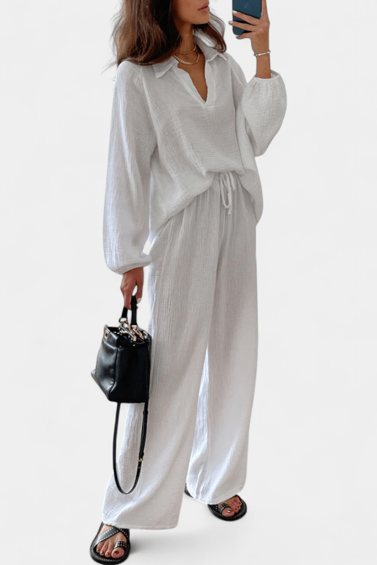 Kendra Bennett and Lowe women's V-neck long-sleeve wide-leg two-piece set shown on a model, featuring a stylish and comfortable outfit.