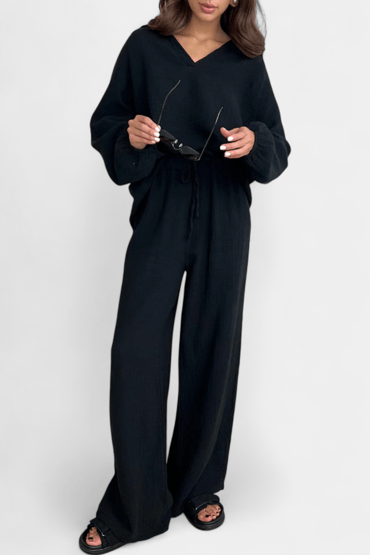 Kendra women's V-neck long-sleeve wide-leg two-piece set by Bennett and Lowe, shown in a stylish, comfortable outfit.
