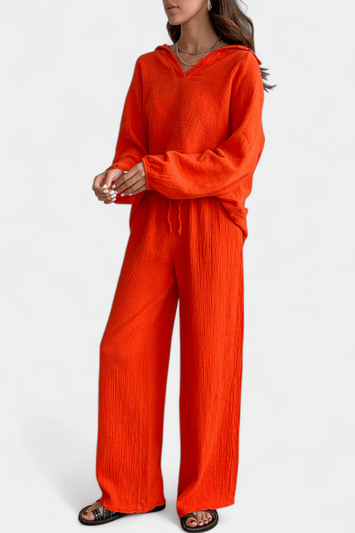 Kendra Bennett and Lowe women's v-neck long-sleeve wide-leg two-piece set, shown in a stylish, comfortable fabric.