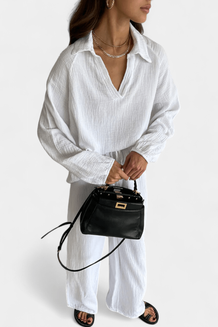 Kendra Bennett and Lowe women's V-neck long-sleeve wide-leg two-piece set shown on a model, in a stylish and comfortable design.