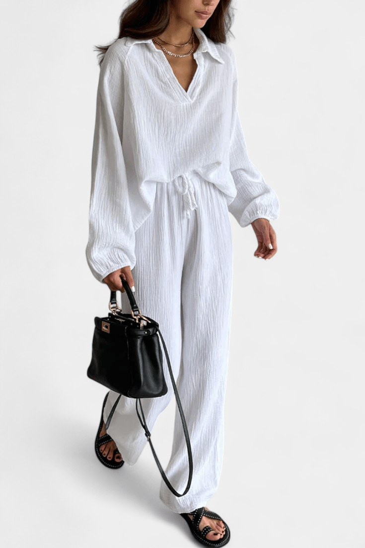 Kendra V-neck long-sleeve wide-leg two-piece set for women by Bennett and Lowe, featuring a stylish, comfortable matching outfit.