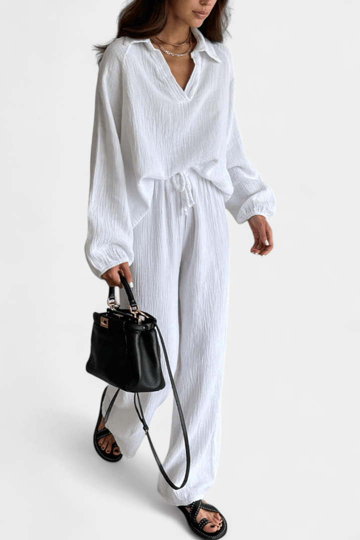 Kendra V-neck long-sleeve wide-leg two-piece set for women by Bennett and Lowe, featuring a stylish, comfortable matching outfit.