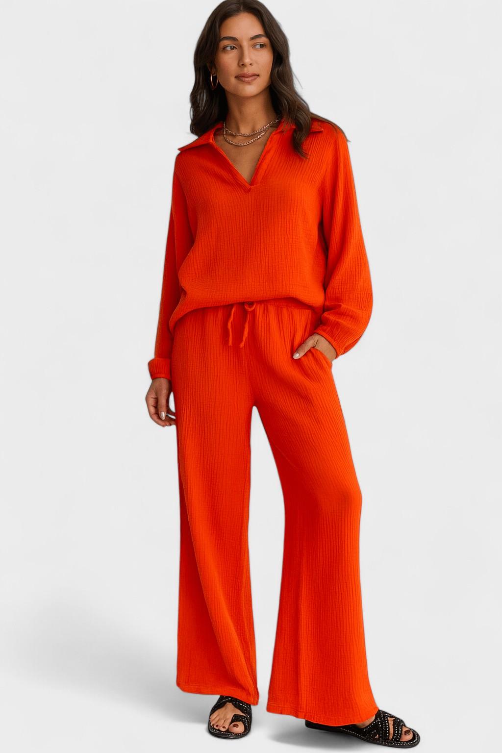 Kendra Bennett and Lowe V-neck long-sleeve two-piece set for women, featuring a wide-leg design, in soft fabric and neutral color.