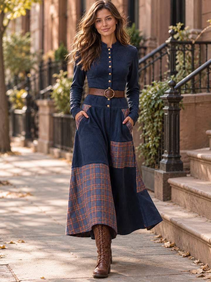 Helena Ivy | Belted Plaid Long-Sleeve Maxi Dress for Women