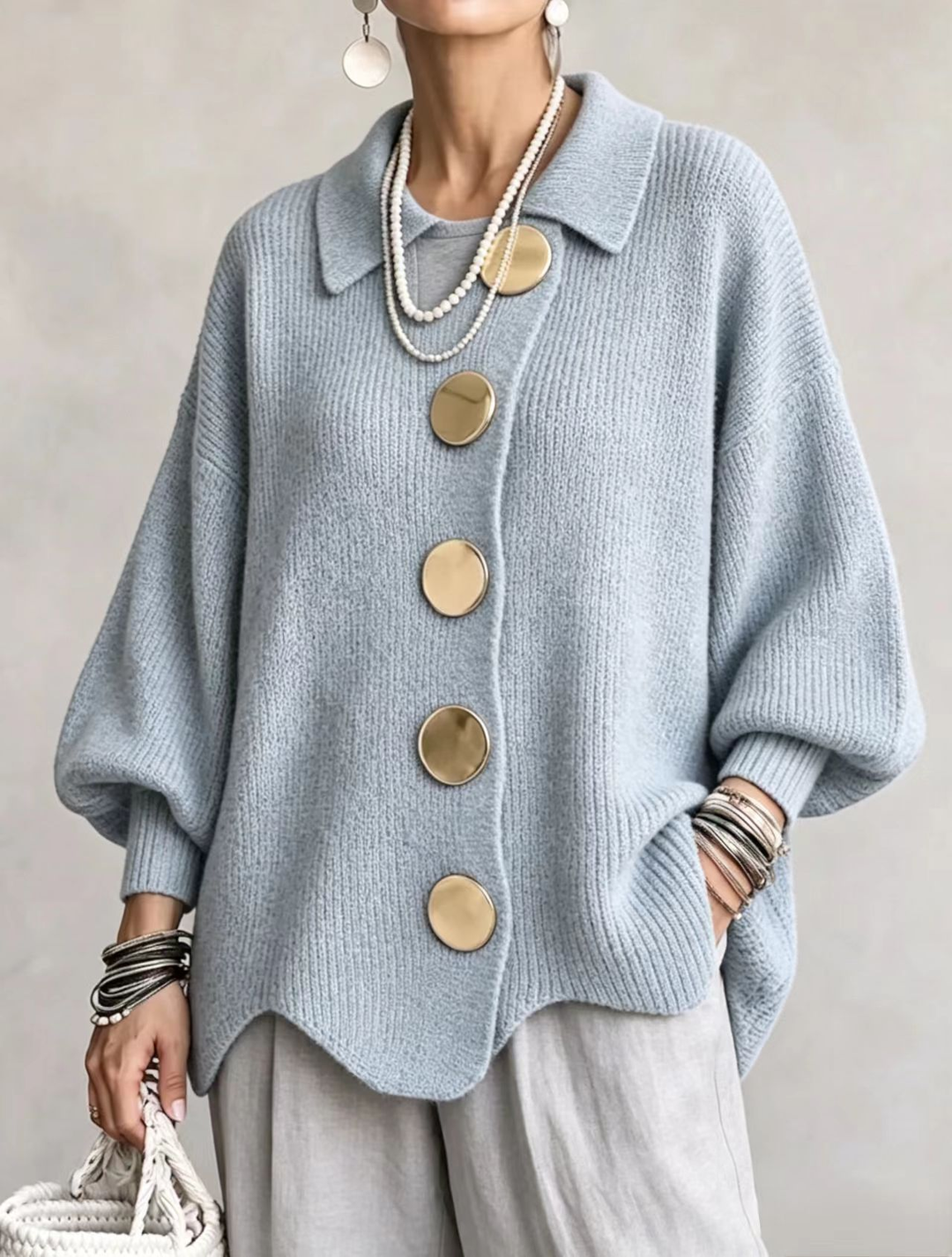 Isadora oversized collared cardigan for women by Bennett and Lowe, beige knit with large collar and relaxed fit.