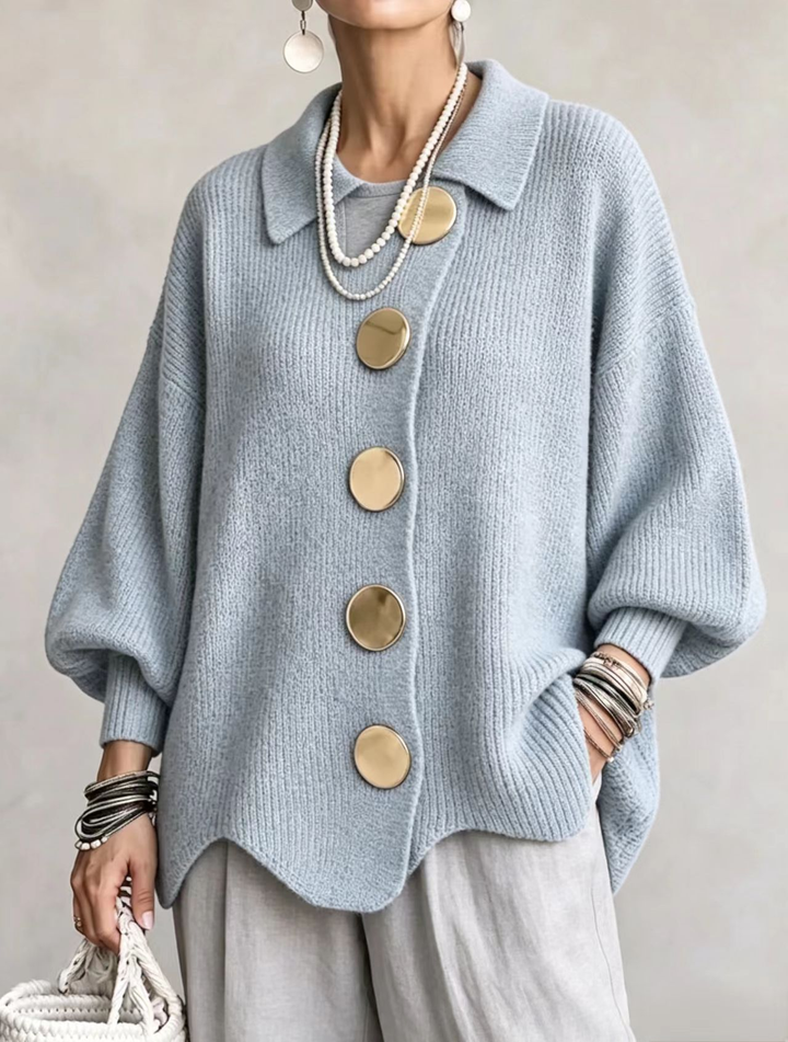 Isadora oversized collared cardigan for women by Bennett and Lowe, beige knit with large collar and relaxed fit.