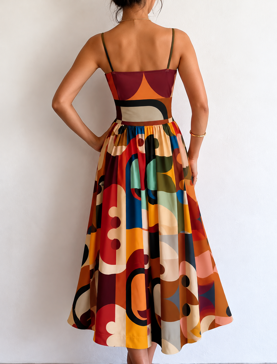Bennett and Lowe Marcelline Modern Muse midi dress, back view with geometric pattern