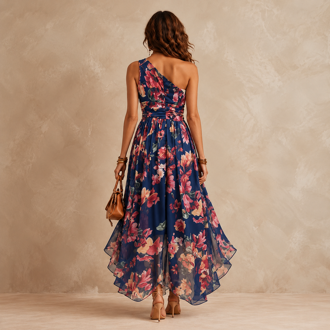 Back view of Bennett and Lowe Celeste one-shoulder floral chiffon maxi dress showing flowing fabric and elegant design.