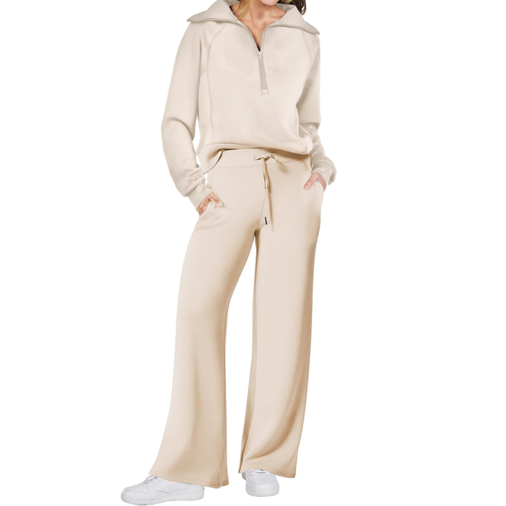 Beige Bennett and Lowe Maya half-zip pullover and wide-leg pants two-piece set for women, featuring a relaxed fit.