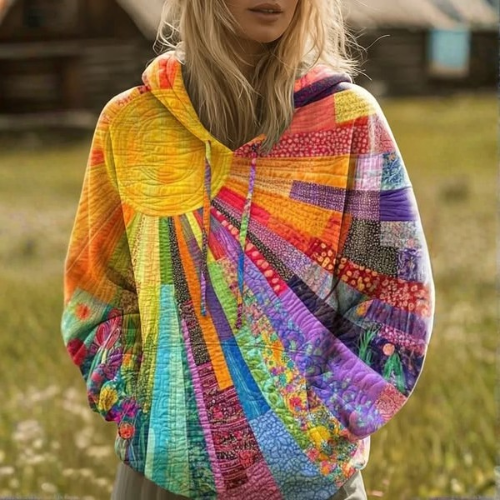 Amanda Wildflower quilted hoodie in black and yellow with Bennett and Lowe modern monogram logo on the front.