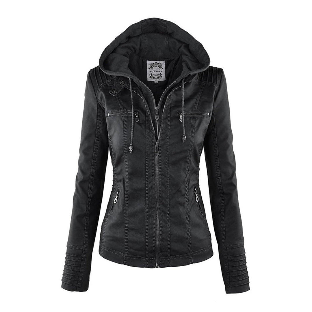 Black Callista hooded moto jacket for women by Bennett and Lowe, featuring a sleek design with a hood and stylish moto details.