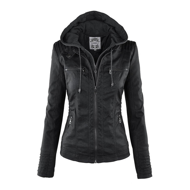Black Callista hooded moto jacket for women by Bennett and Lowe, featuring a sleek design with a hood and stylish moto details.
