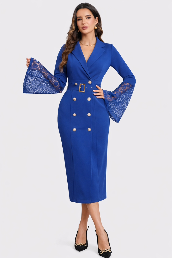 Heather | Belted Lace-Sleeve Midi Dress for Women