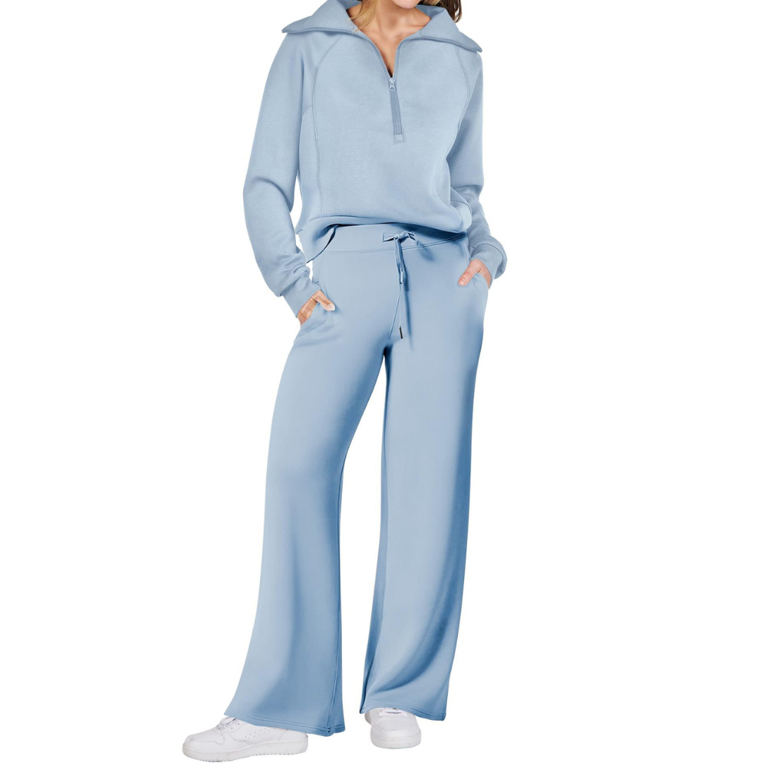 Blue Maya two-piece set for women featuring a half-zip pullover and wide-leg pants by Bennett and Lowe.