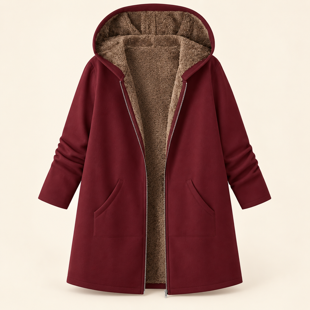Bordeaux Heather hooded longline coat by Bennett & Lowe with sheepskin-style interior and a stylish, oversized silhouette.