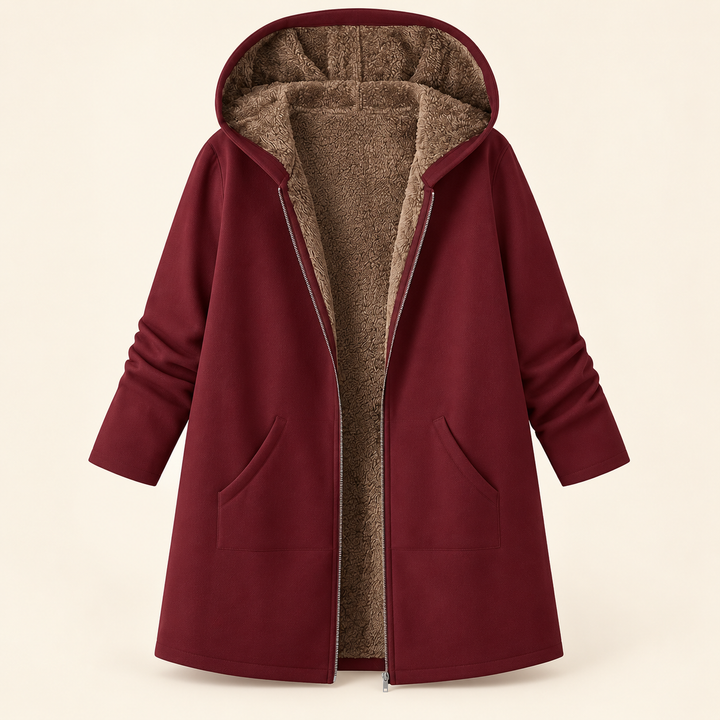 Bordeaux Heather hooded longline coat by Bennett & Lowe with sheepskin-style interior and a stylish, oversized silhouette.