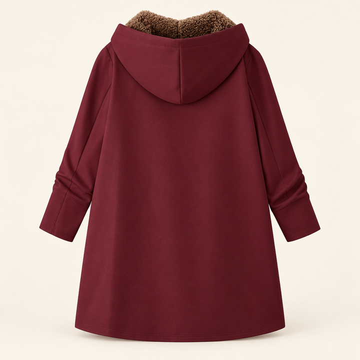 Bennett & Lowe Heather hooded longline coat in Bordeaux with winter sherpa lining, featuring a stylish hood and extended length.