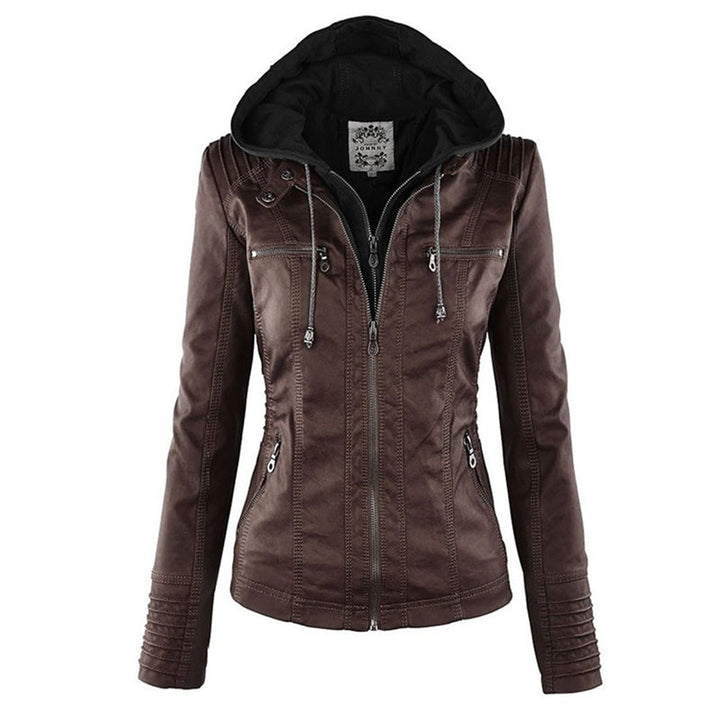 Brown Bennett and Lowe Callista hooded moto jacket for women, featuring a stylish and functional design with a zip front and hood.