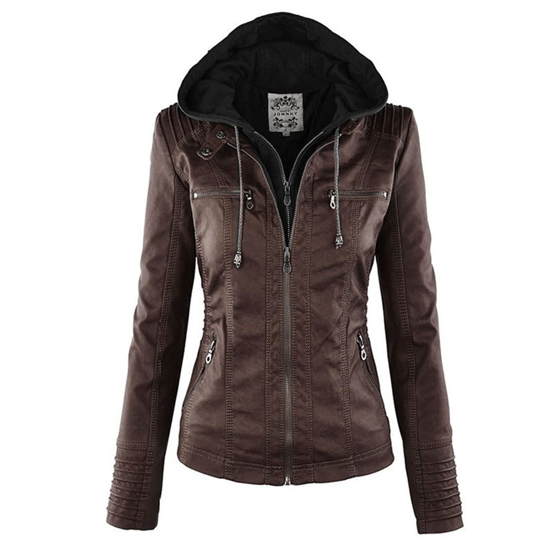 Brown Bennett and Lowe Callista hooded moto jacket for women, featuring a stylish cut with a hood and zipper details.