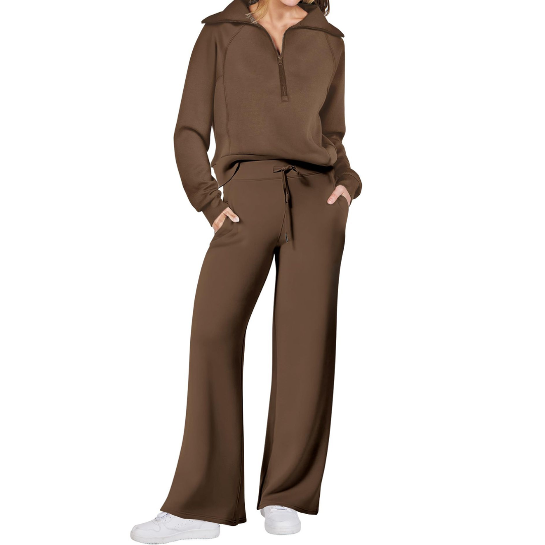 Brown Maya two-piece set by Bennett and Lowe featuring a half-zip pullover and wide-leg pants for women.