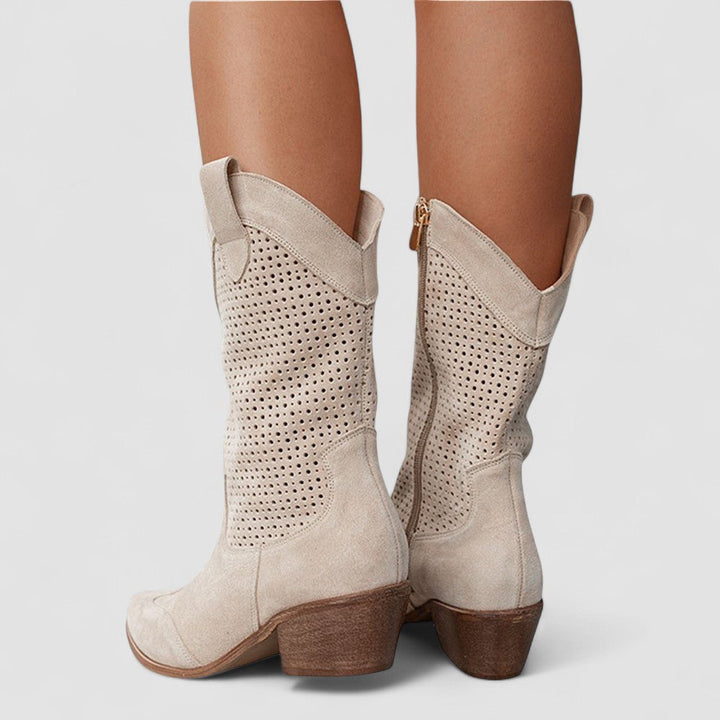 Beige Rachel Bennett and Lowe orthopedic Western boot for women with studded details and Western-inspired design.