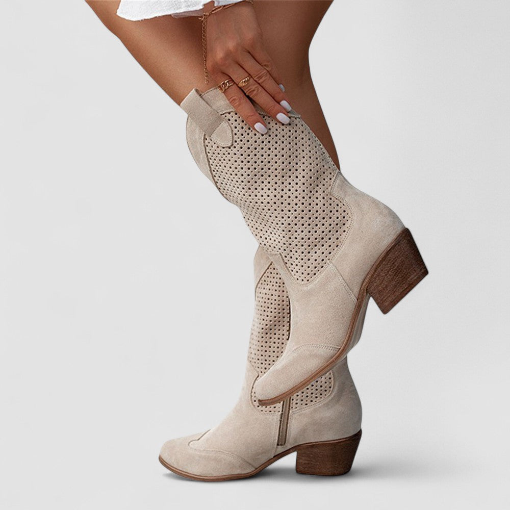 Beige Rachel Bennett and Lowe orthopedic Western boot for women with studded accents, featuring a stylish Western design.