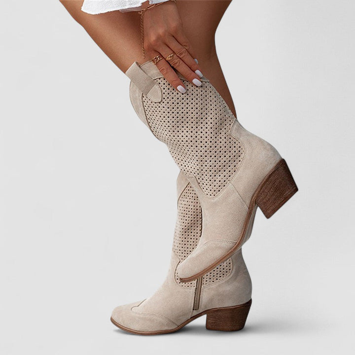 Beige Rachel Bennett and Lowe orthopedic Western boot for women with studded accents, featuring a stylish Western design.