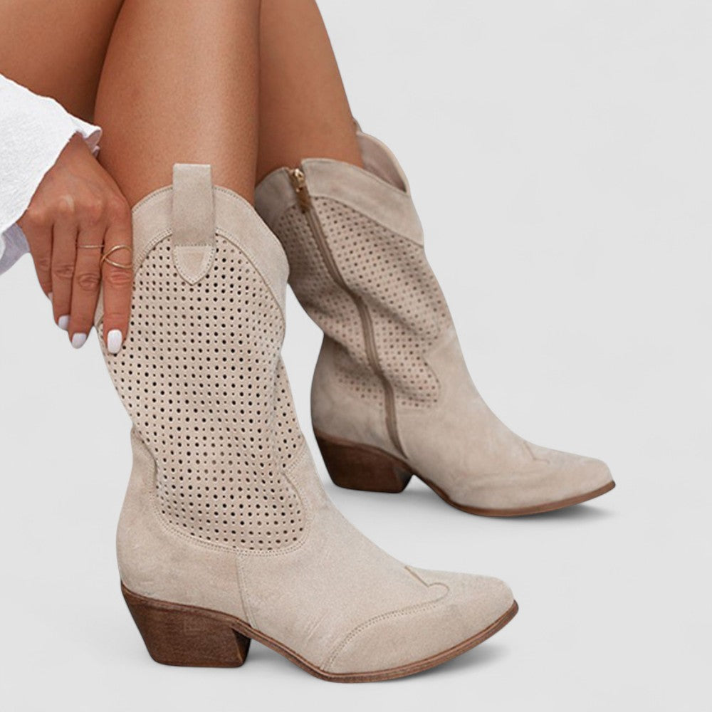 Beige Rachel Bennett and Lowe orthopedic Western boot for women with studded design, stylish and supportive footwear.