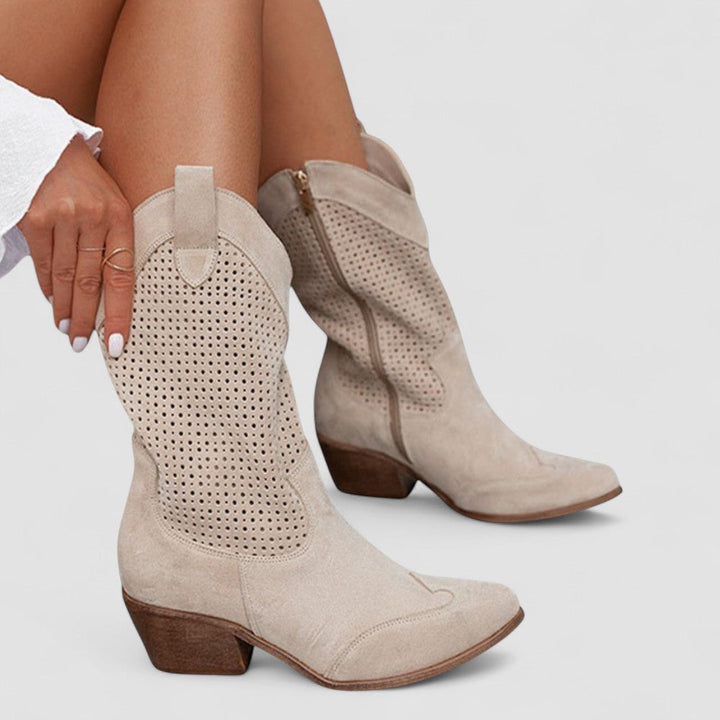 Beige Rachel Bennett and Lowe orthopedic Western boot for women with studded design, stylish and supportive footwear.