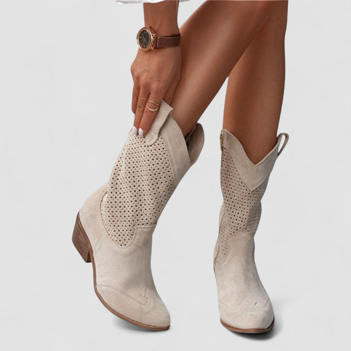 Beige Rachel Bennett and Lowe studded Western orthopedic boot for women with decorative studs and Western-inspired design.