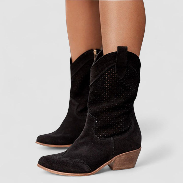 Black Rachel Bennett and Lowe studded western orthopedic boot for women, showcasing detailed stud embellishments and sturdy design.