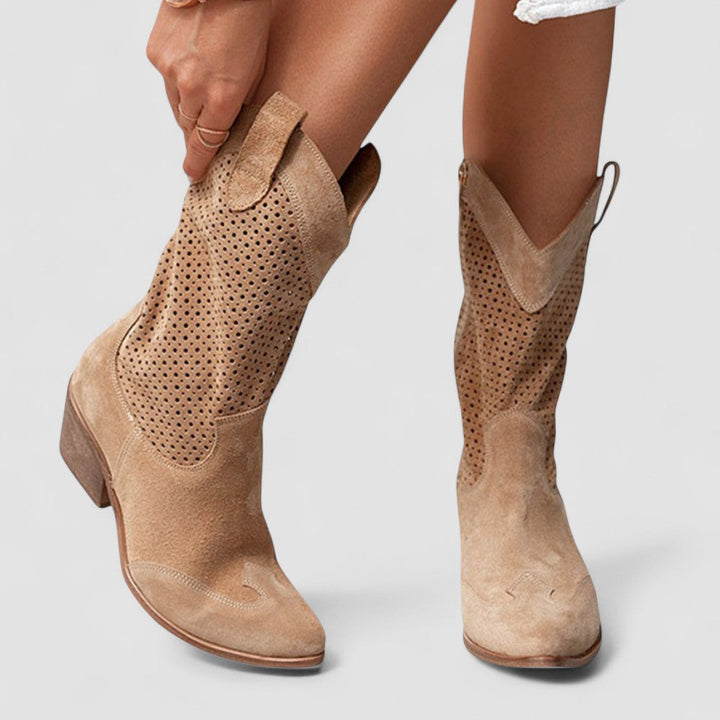 Brown Rachel Bennett and Lowe studded western orthopedic boot for women, featuring a stylish western design with decorative studs.