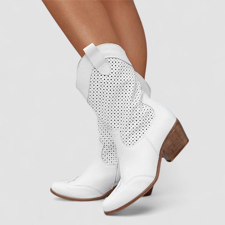 Rachel Bennett and Lowe studded white western orthopedic boot for women, featuring a stylish western design and comfortable fit.