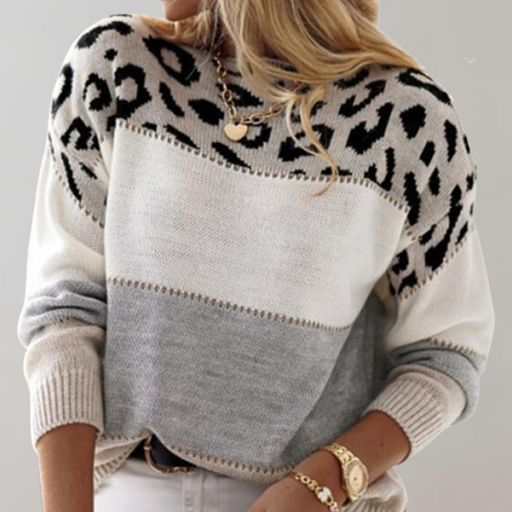 Anne leopard-print casual sweater by Bennett and Lowe, featuring a cozy gray knit with bold animal pattern detail.