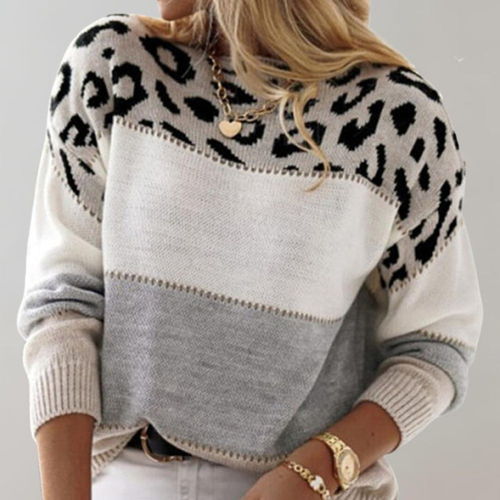 Anne leopard-print casual sweater by Bennett and Lowe, featuring a cozy gray knit with bold animal pattern detail.