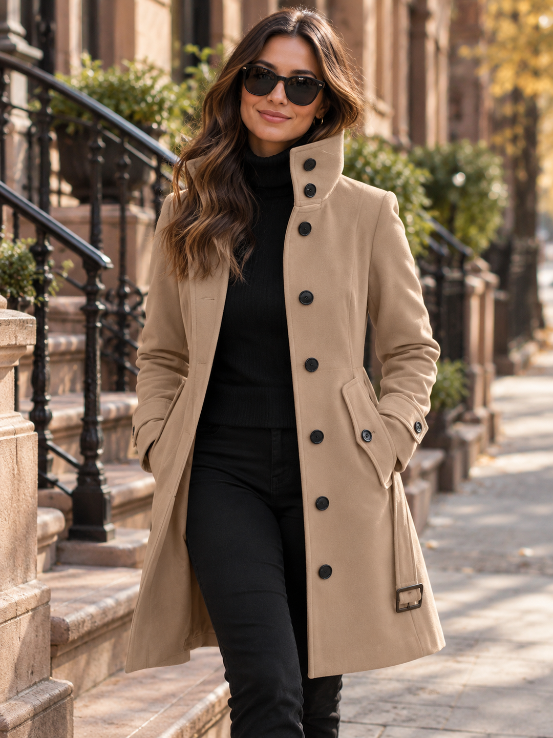 Bennett & Lowe Monica slim fit long sleeve camel coat on brownstone street, stylish and tailored outerwear for women.