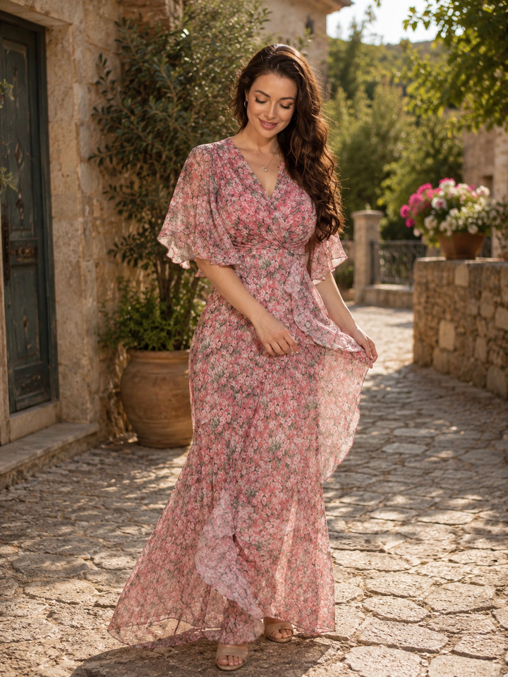 Floral wrap maxi dress for women by Bennett and Lowe, featuring a vibrant floral pattern and flowing silhouette.