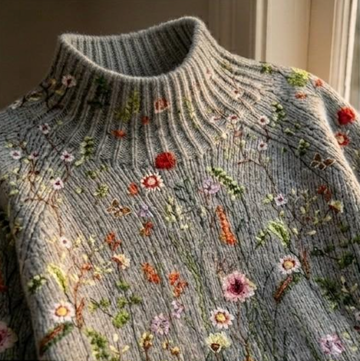 Rosamund floral knit jumper for women by Bennett and Lowe, featuring a colorful floral pattern and cozy knit texture.