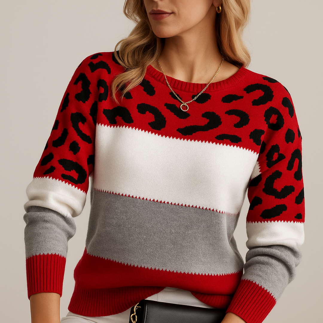 Leopard-print casual sweater by Bennett and Lowe featuring a cozy fit and stylish animal pattern.