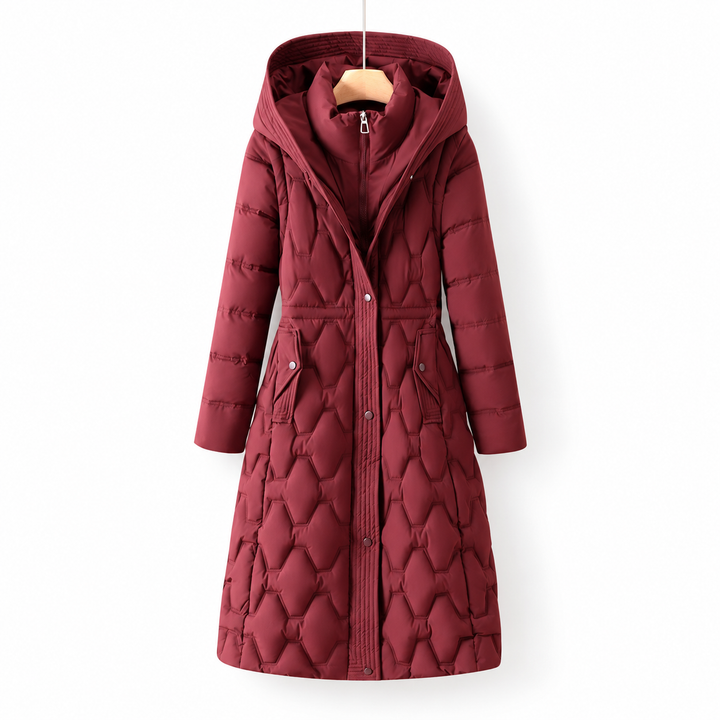 Longline quilted hooded coat by Bennett & Lowe, Jacqueline style, shown in a cozy, padded design with a hood and sleek silhouette.